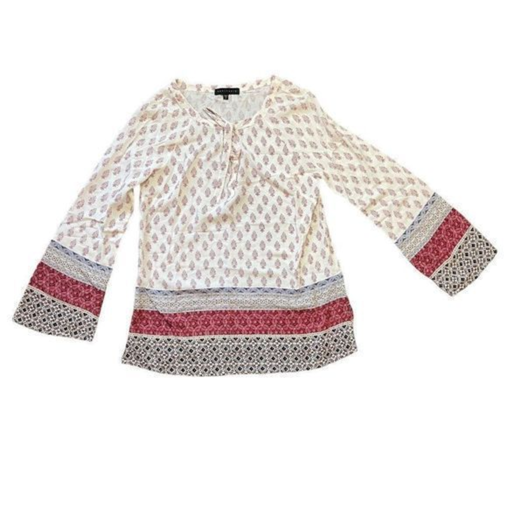 Sanctuary Boho Peasant Blouse Small Rayon Geometric Border Print Festival Flowy